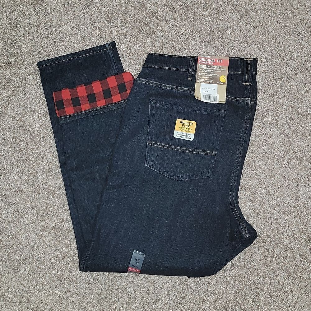 New Carhartt Rugged Flex Original Fit Flannel Lined Dark Denim Jeans 16W Regular